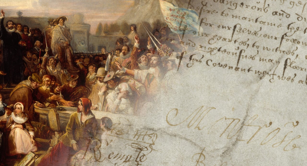 A composite image of the National Covenant with a group of covenanters