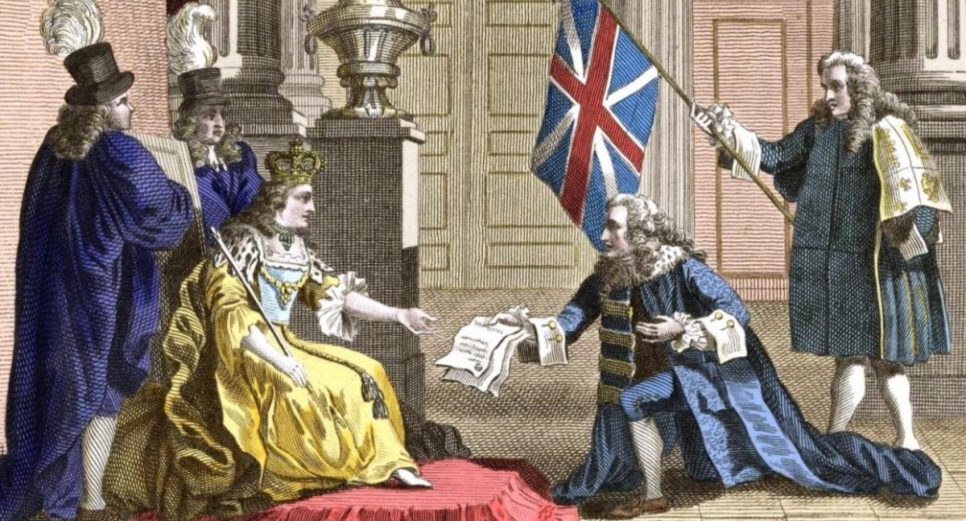 A coloured drawing of the signed treaty being handed to Queen Anne by a kneeling man in flowing blue robes and a wig. Two courtiers stand behind the queen; a fourth man holds the union flag.