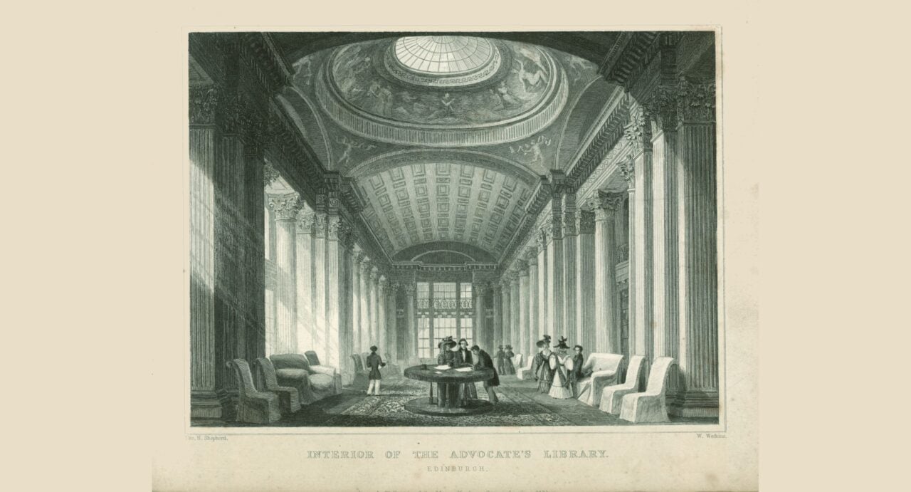 A black and white drawing of the Advocates' library, with groups of people spread across a long room with a high ceiling, ceiling length windows and a cupola in the ceiling