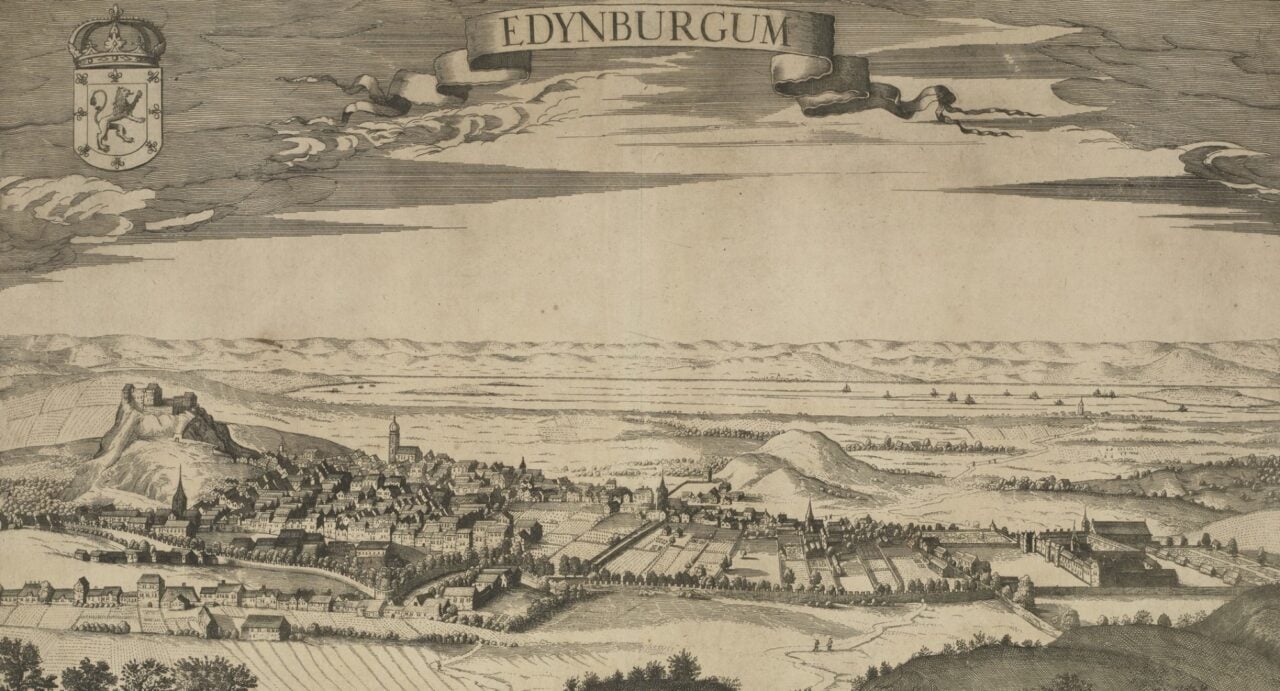 An engraving by Rombout van den Hoyen (c1650) showing a view of Edinburgh from the Braid hills.