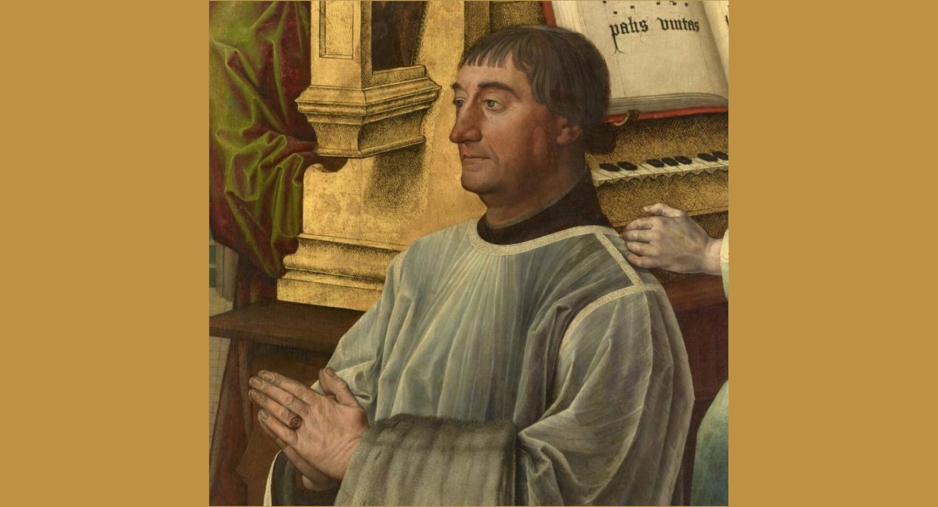 A painting of Edward Bonkil wearing a cassock, praying in front of an organ