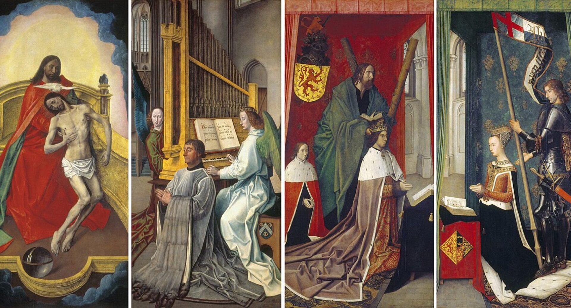 The Trinity Altarpiece, a triptych of paintings. When open, the wings show a devout King James III with his elder son and his queen Margaret of Denmark, accompanied by Saint Andrew and Saint George. The lion rampant on the king’s coat of arms is reversed in deference to the holy figures on the missing central panel. The closed wings feature a vision of the Holy Trinity appearing to the kneeling Edward Bonkil.