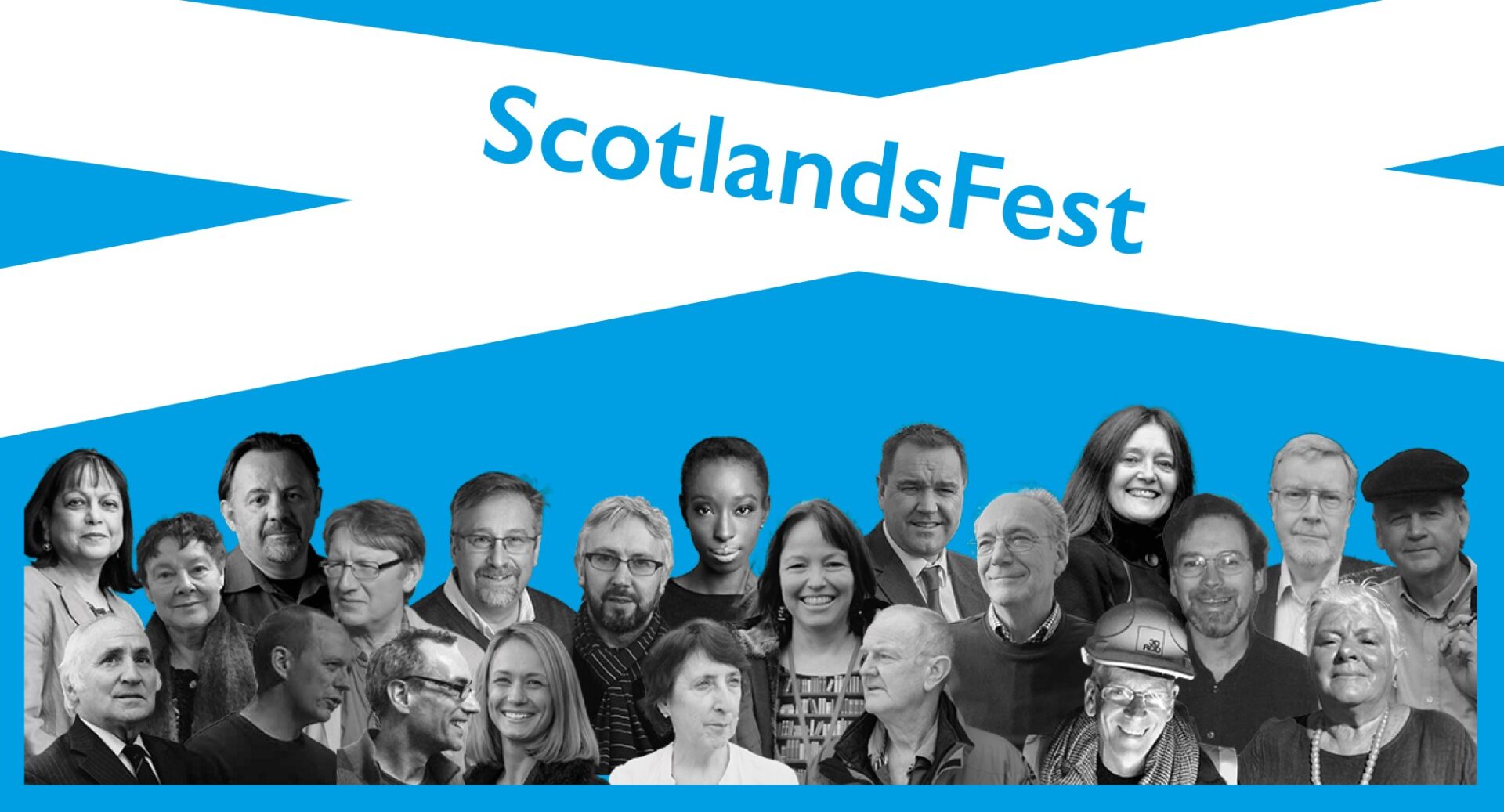 The Scotlands Fest logo on the Saltire with black and white images of participating speakers underneath