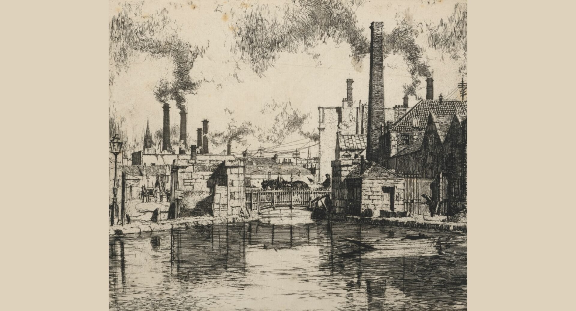 An etching of the Union Canal basin with a bridge in the background and smoking factory chimneys on either side of the water