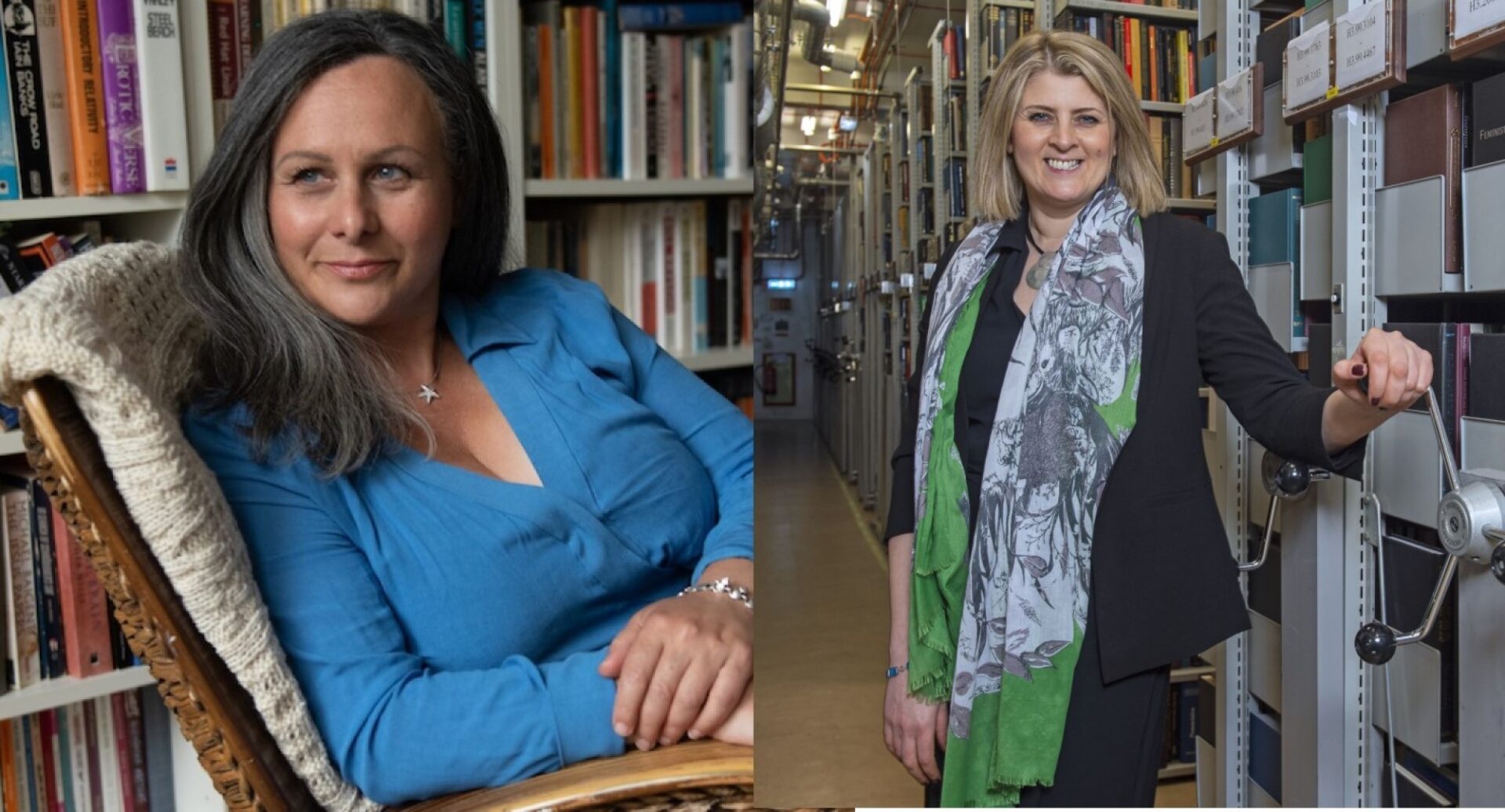 Sara Sheridan in a blue blouse reclining on a wicker chair in front of a bookcase. Amina Shah, in a brown suit and grey and green scarf, is standing in a library stack