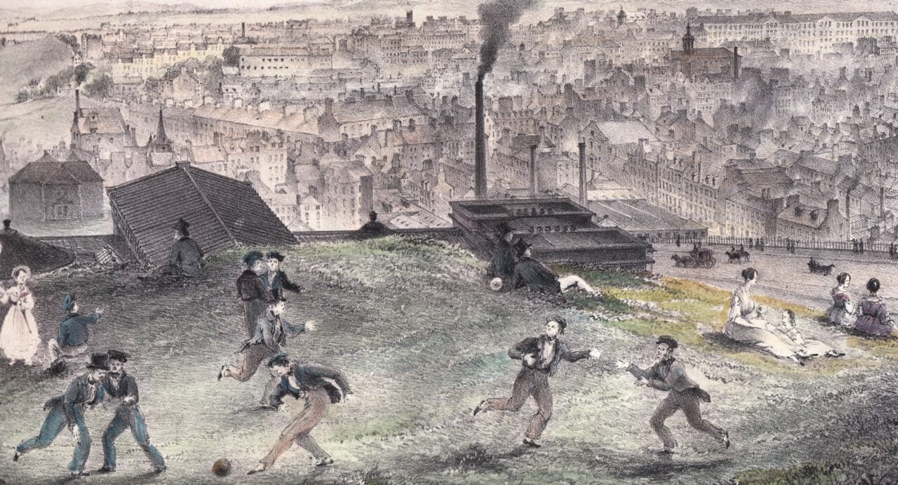 This view looking south from Calton Hill depicts young men playing football, showing that the game was an accepted part of everyday life in the city in the 1840s. It is a scene from an extraordinary 360-degree panorama of Edinburgh and the Surrounding Countryside, published by William Macgill and the lithographer Friedrich Schenck.