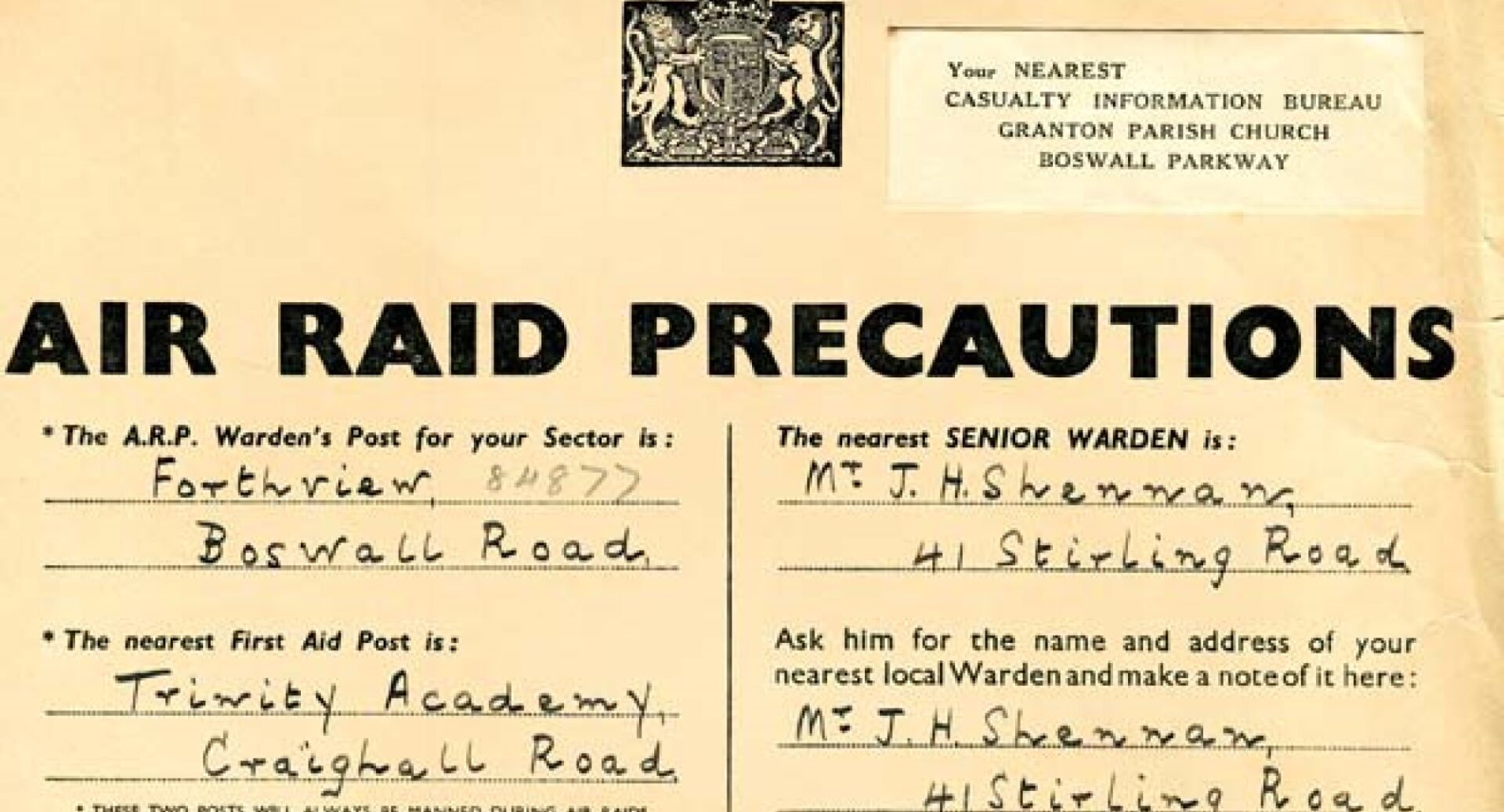 An extract from an Air Raid Precautions poster showing the nearest warden and warden post details