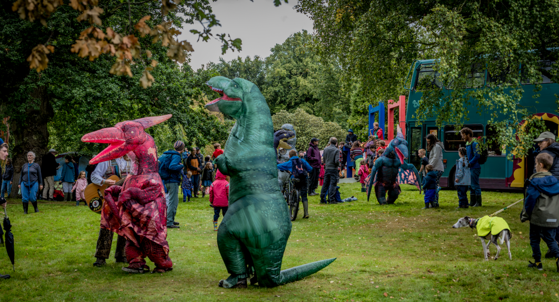 People dresses in dinasours costumes at Vogrie Pogrie Festival