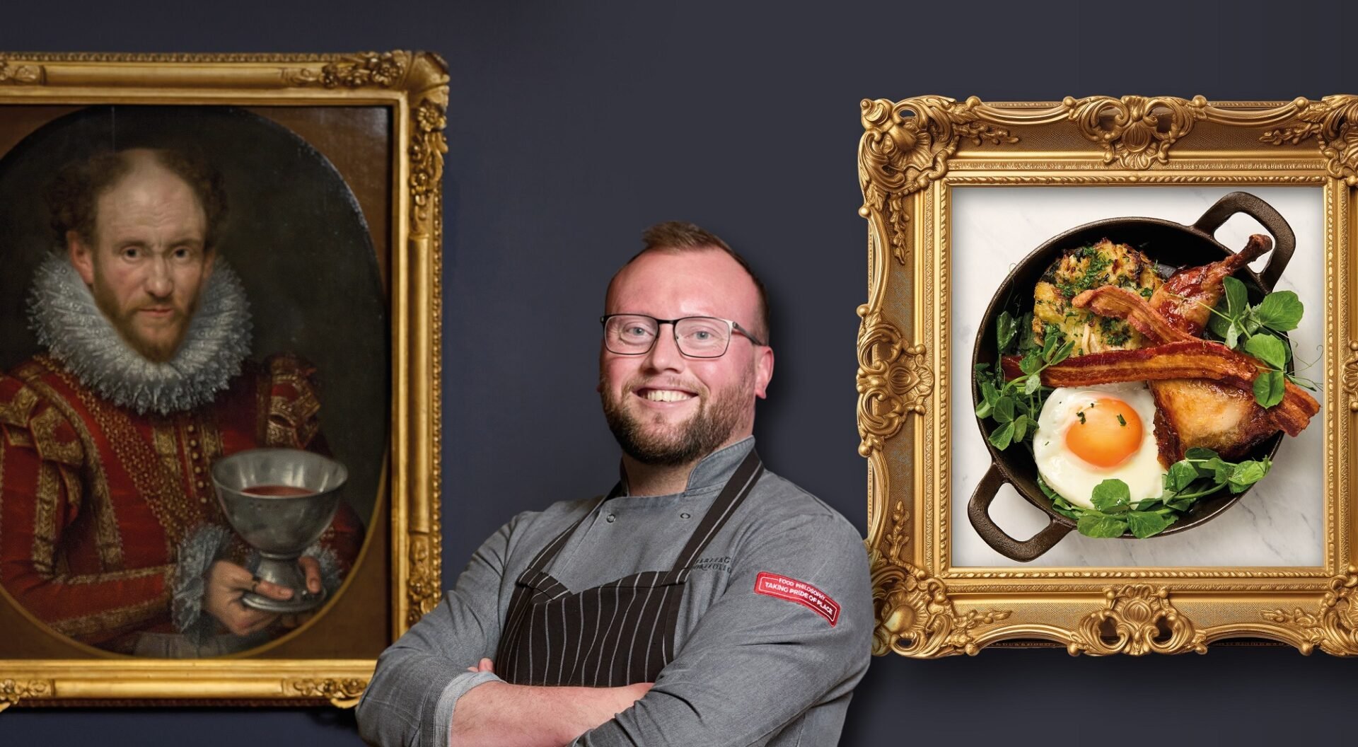 Chef Alec at Cafe Portrait with a portrait from the National Portrait museum collection and a portrait of a plate of food