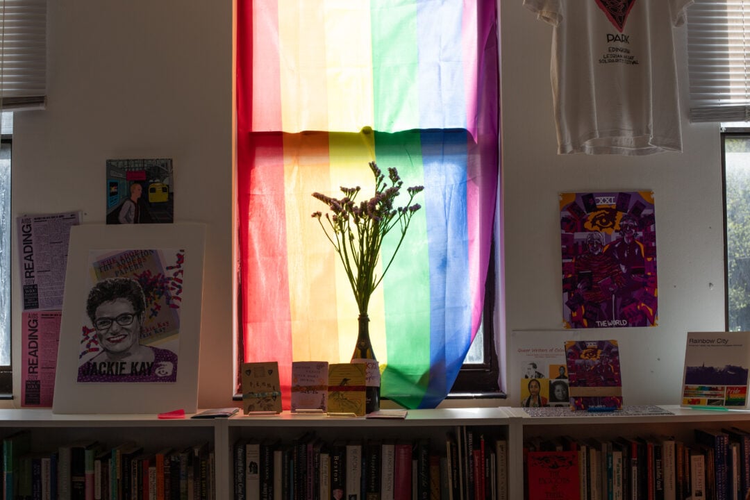 A rainbow curtain behind a vase of dried flowers. The vase sits on white wooden bookcase which is filled with books. Cards and posters sit on the bookcase and are attached to the wall, as is a white tshirt