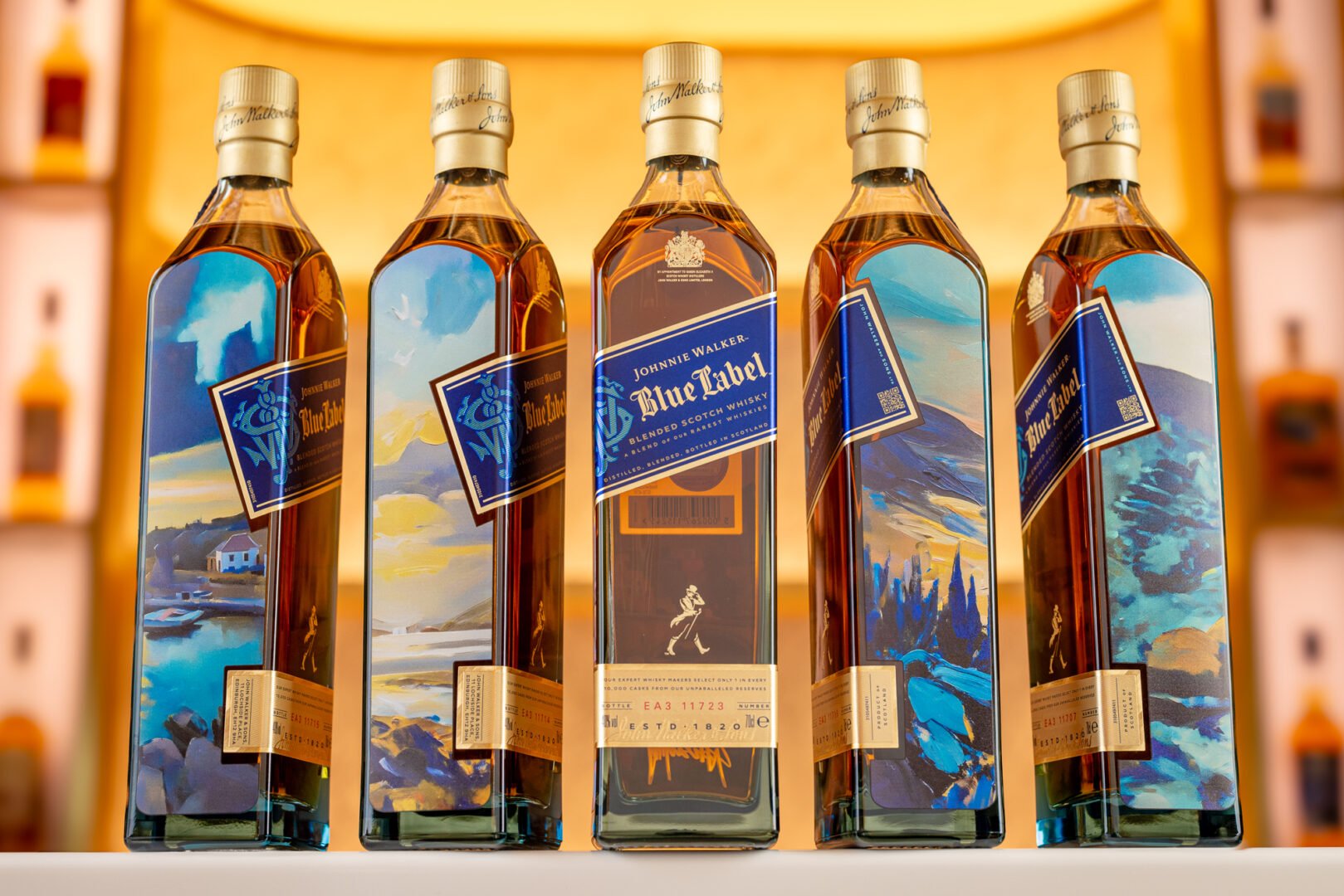 Line of Johnnie Walker Blue Label bottles