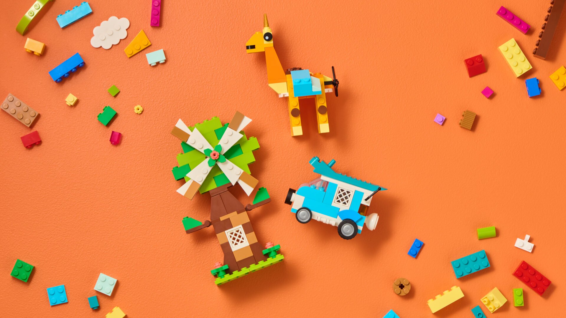 Assortment of LEGO® creations , including an animal and a car.