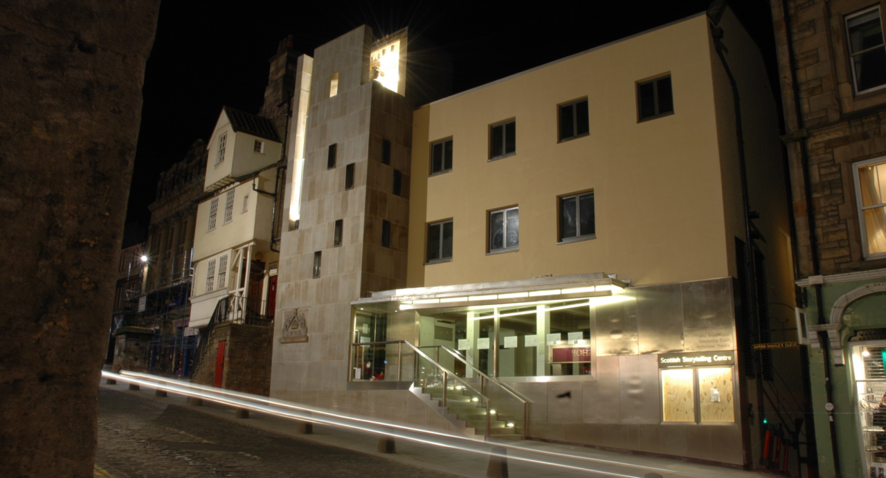 A night-time shot of the exterior of the Scottish Storytelling Centre