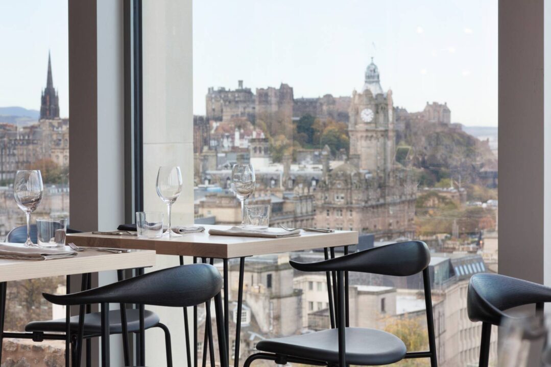 View out of the window of the Lookout towards Edinburgh Castle and Balmoral Clock Tower