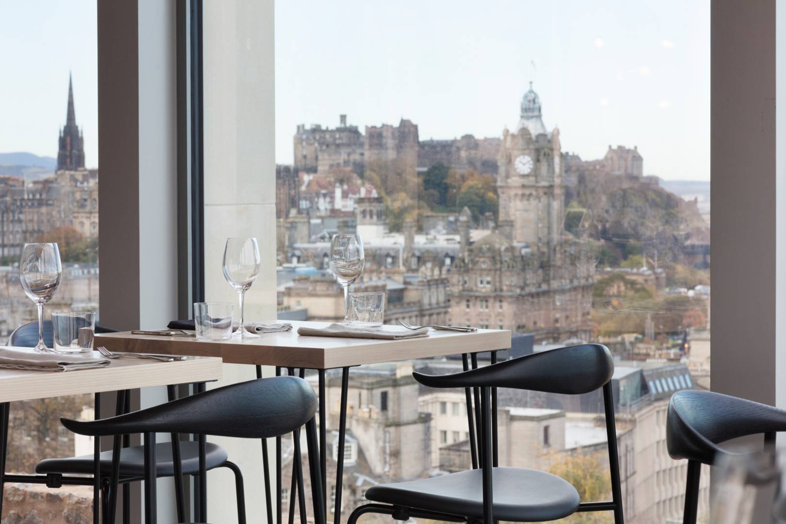 View out of the window of the Lookout towards Edinburgh Castle and Balmoral Clock Tower