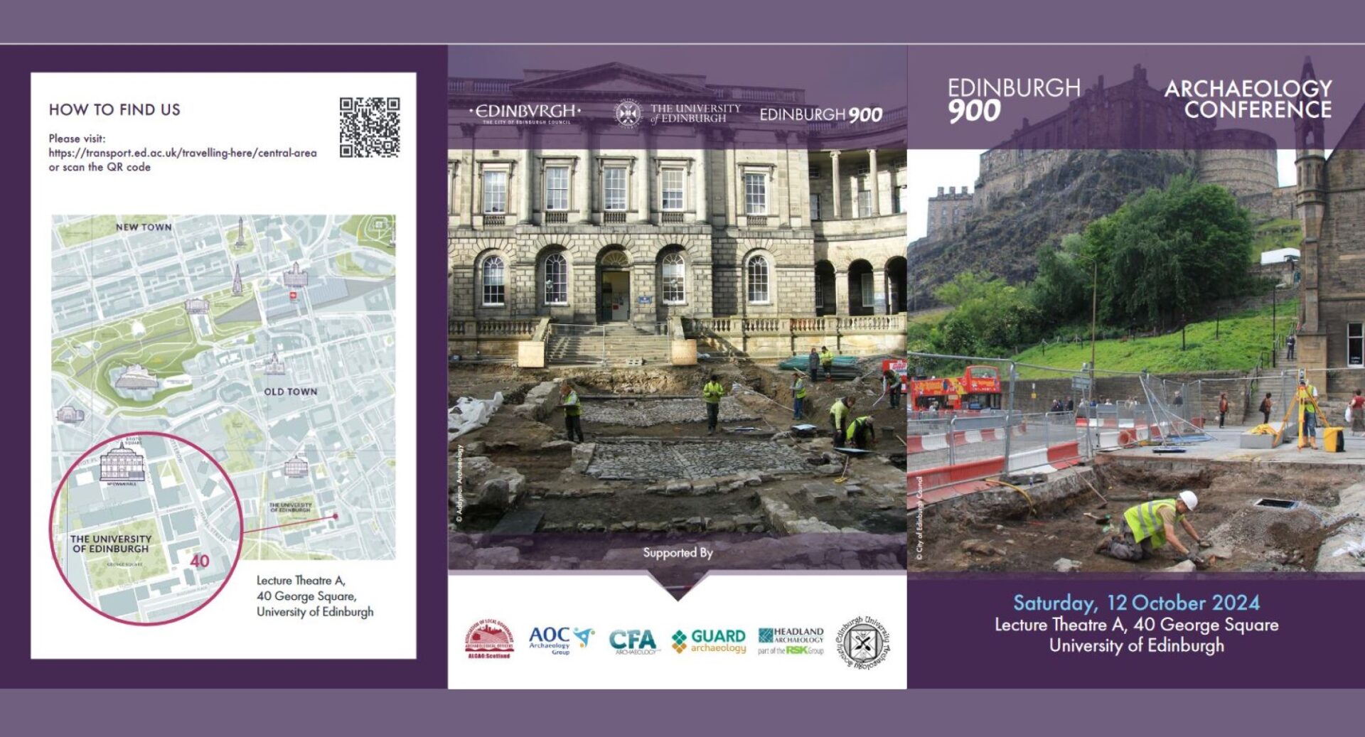 The front of the Archaeology conference brochure, showing a map of the lecture location, a dig in the Grassmarket, and another dig at Edinburgh University