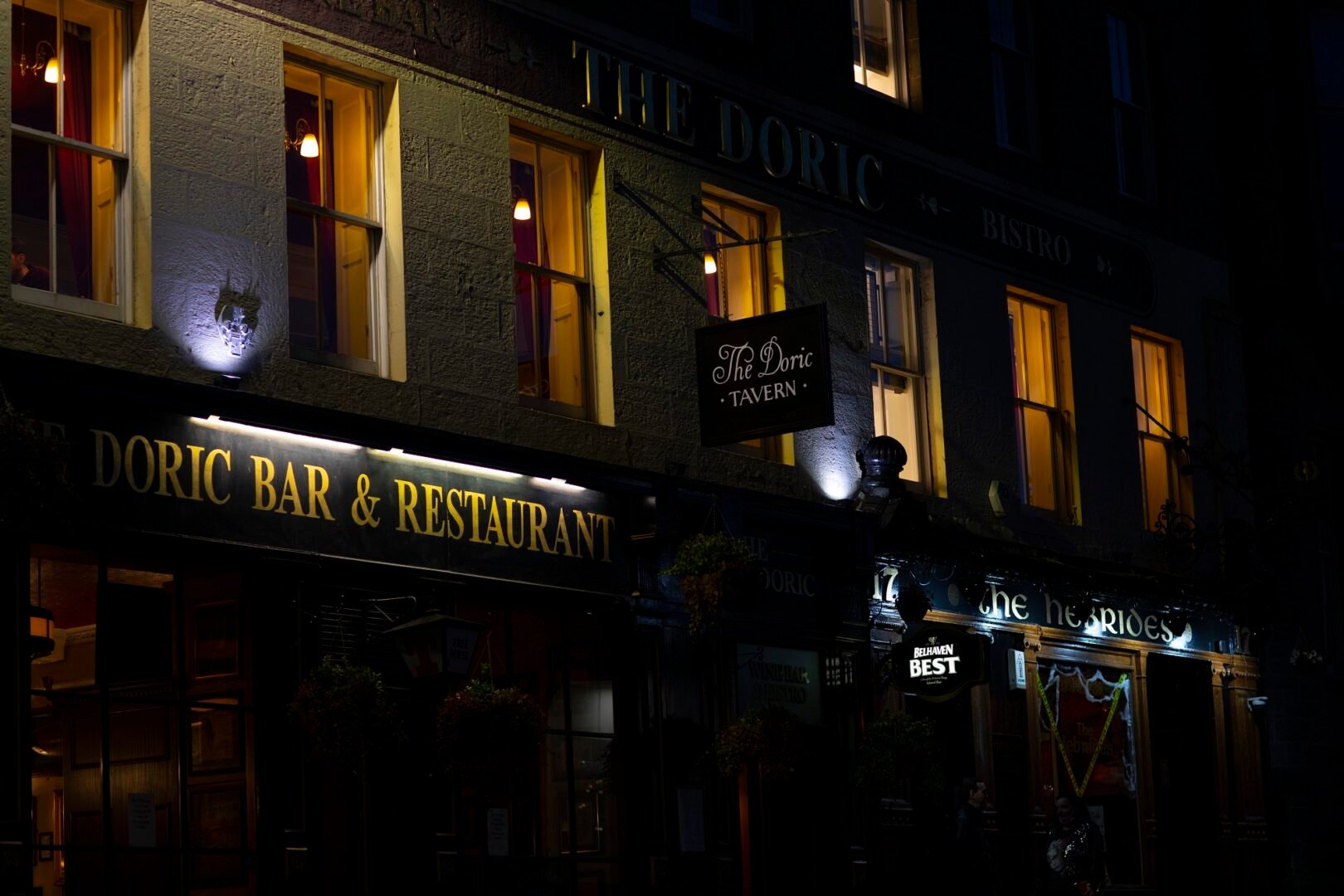 Exterior of the Doric Pub at night