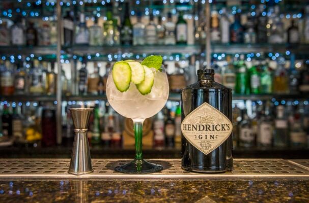 A bottle of Hendrick's gin and a cocktail on the bar at 56 North