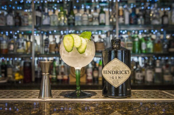 A bottle of Hendrick's gin and a cocktail on the bar at 56 North
