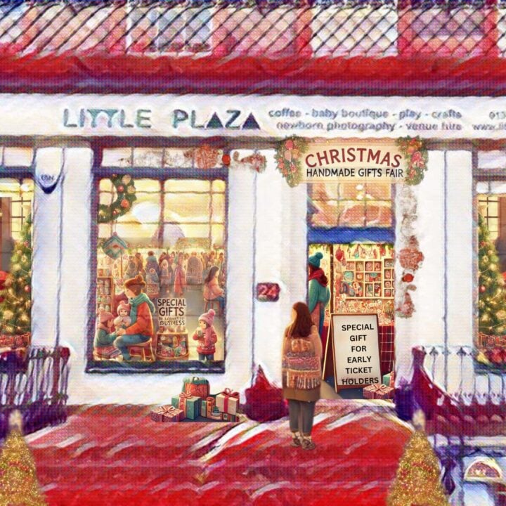 Drawn image of exterior of Little Plaza, with Christmas decorations.