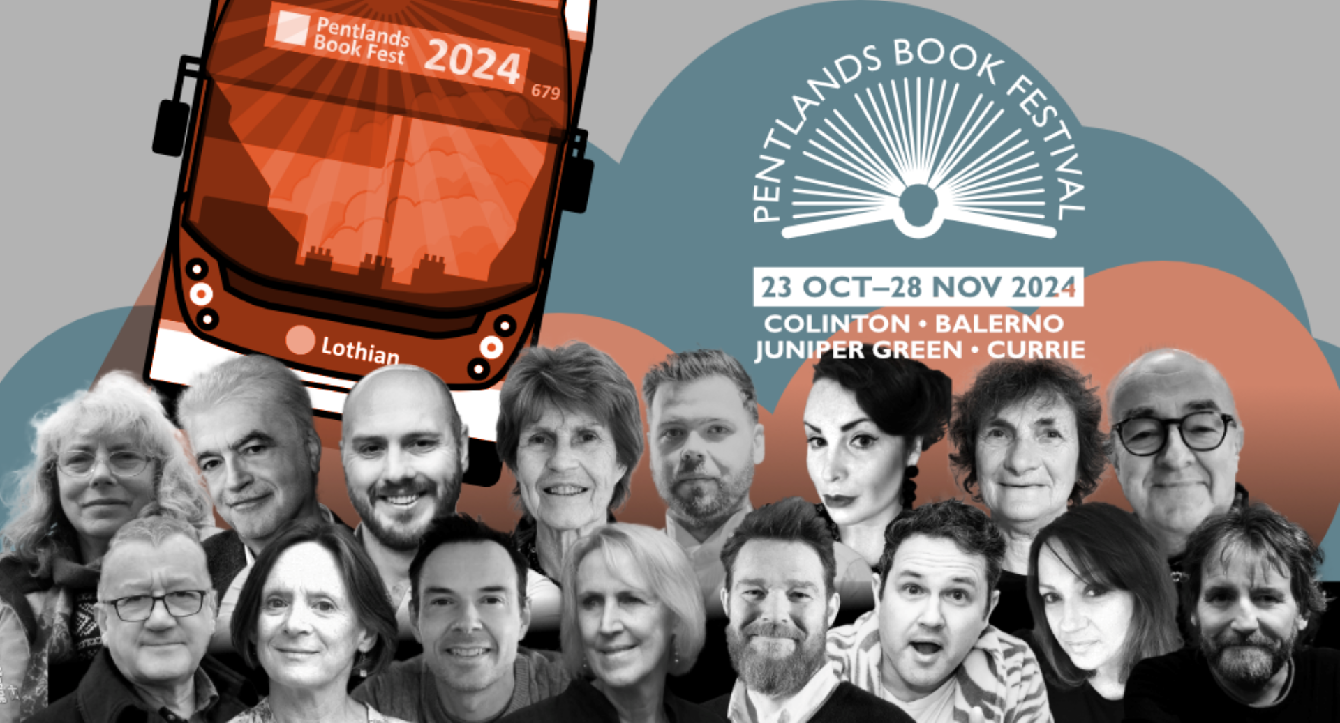 Poster advert of Pentland Book Festival with photos of authors taking part, and a bus in the background.