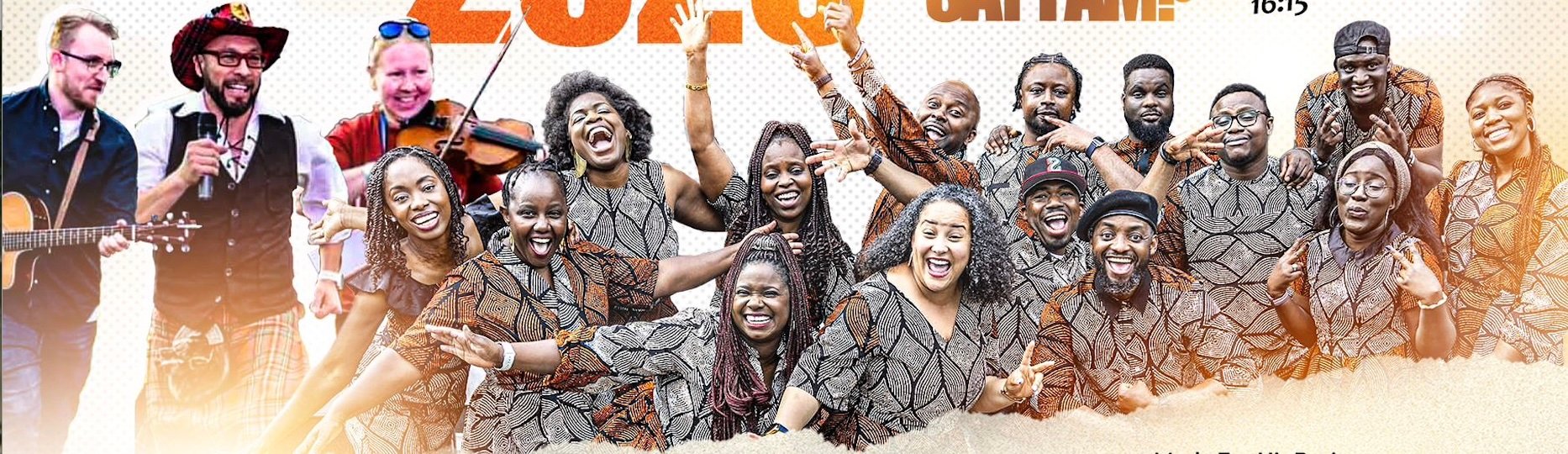 A group of of performers smiling and waving at the camera