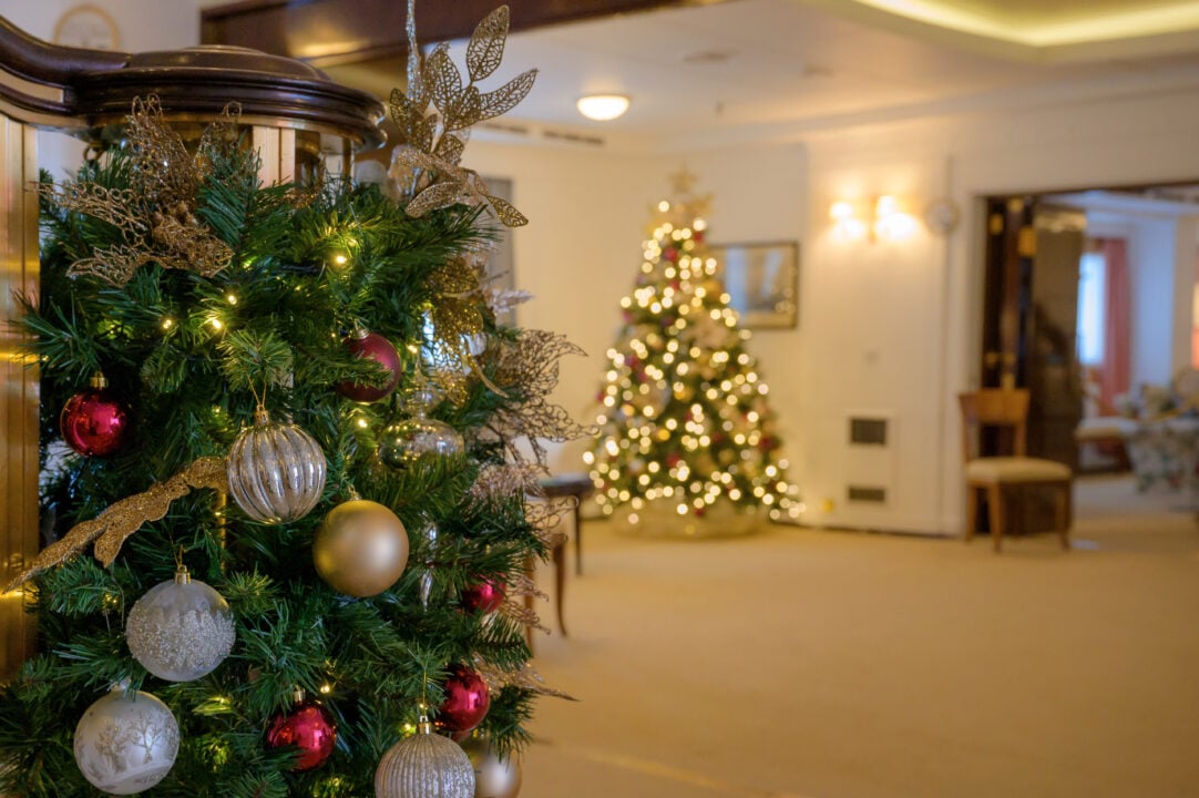 Close-up of garland on stair banister, with lit Christmas tree in background.