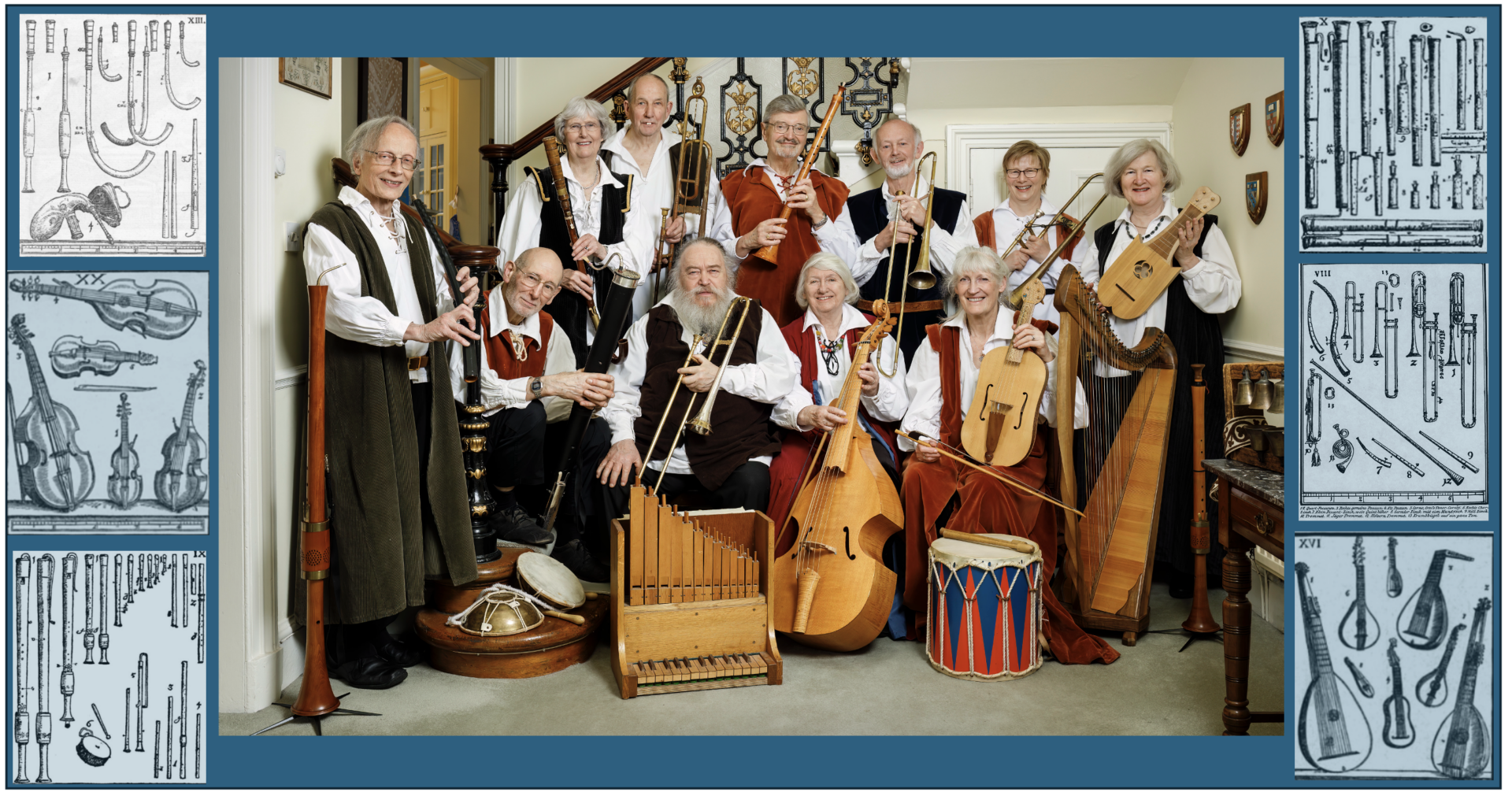 A photograph of the Edinburgh Renaissance band with their mediaeval-style wood and metal musical instruments, with Praetorius woodcuts of musical instruments as seen in the appendix to the second volume of his Syntagma Musicum in 1620 at either side.