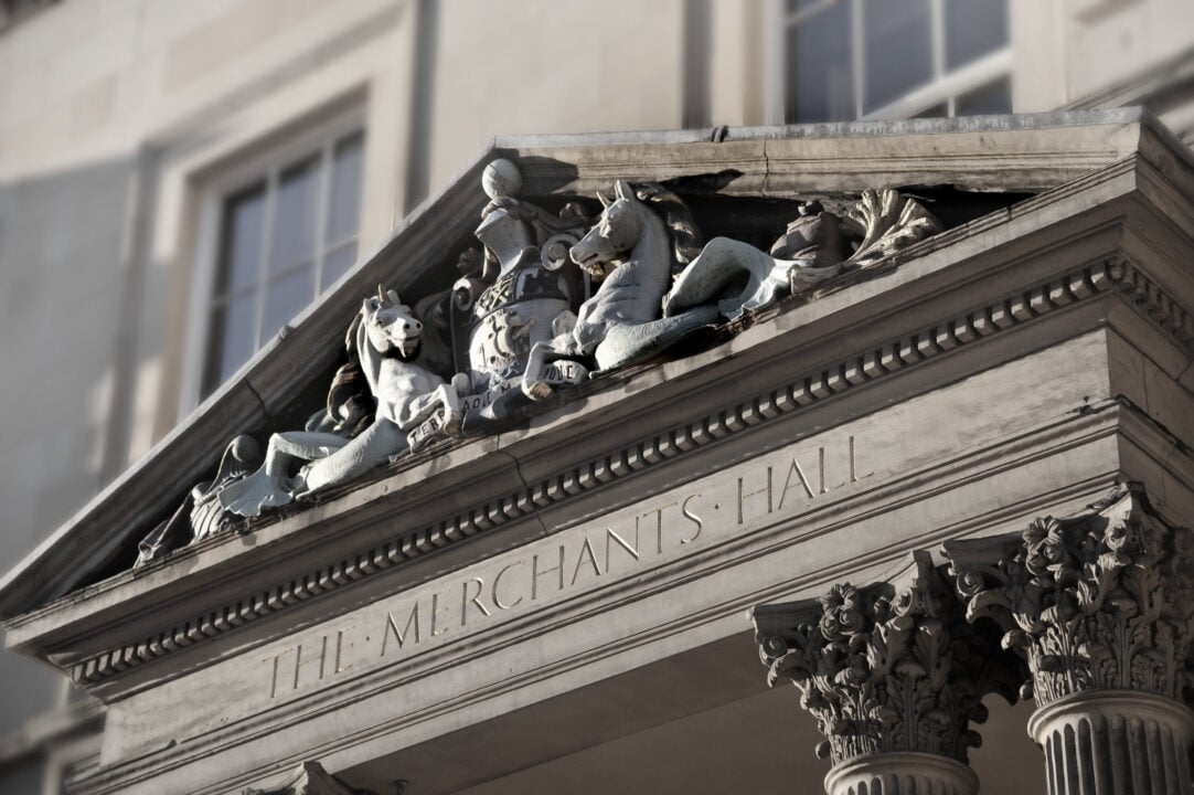 The frieze above the Corinthian columns at the entrance to Merchants Hall, showing carvings of unicorns, a galleon, the Saltire and thistles