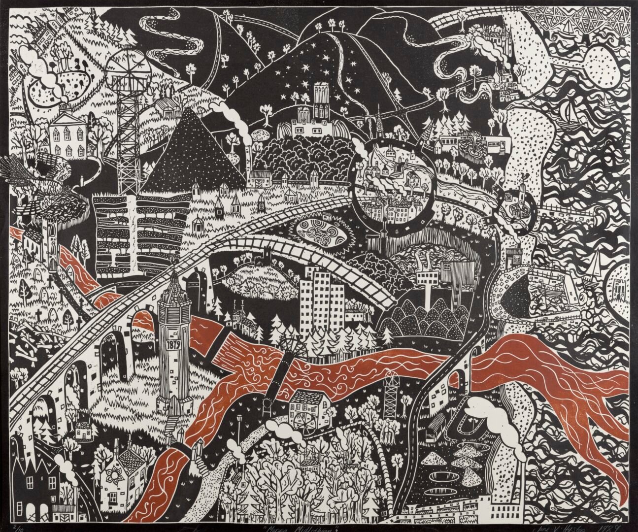 Black and white print, featuring a mass of buildings, trees and mountains. A red river runs through the centre.