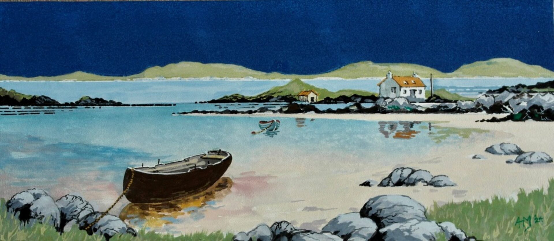 Painting by Alfred Marshall of a fishing house and boat next to the sea.