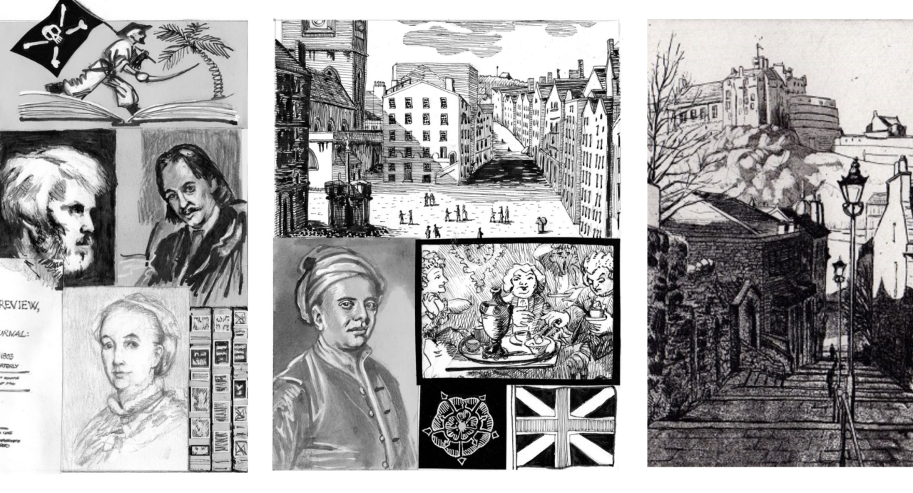 A montage of black and white sketches including the Castle from the Vennel, various famous Scots, including Robert Louis Stevenson, flags, a rose, a pirate and the Royal Mile