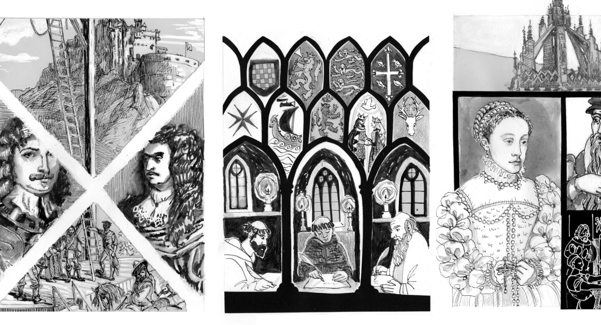 A montage of black and white sketches of Scottish kings and queens and religious figures