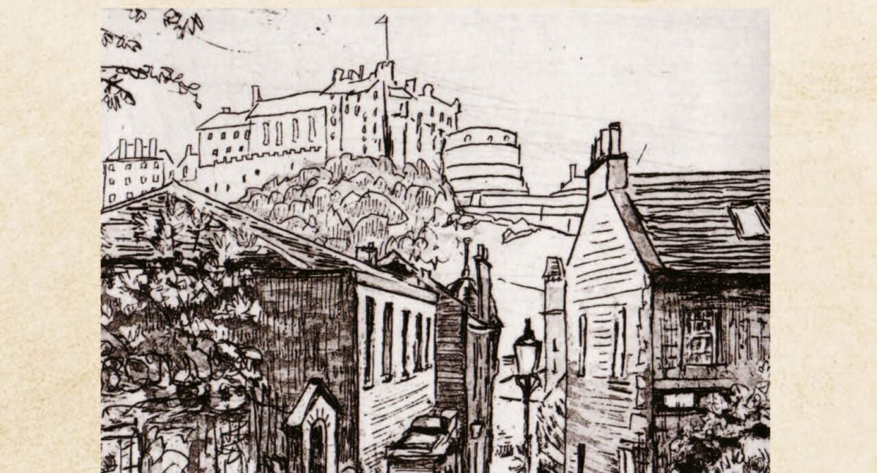 A black and white sketch of the Vennel, view towards the Castle