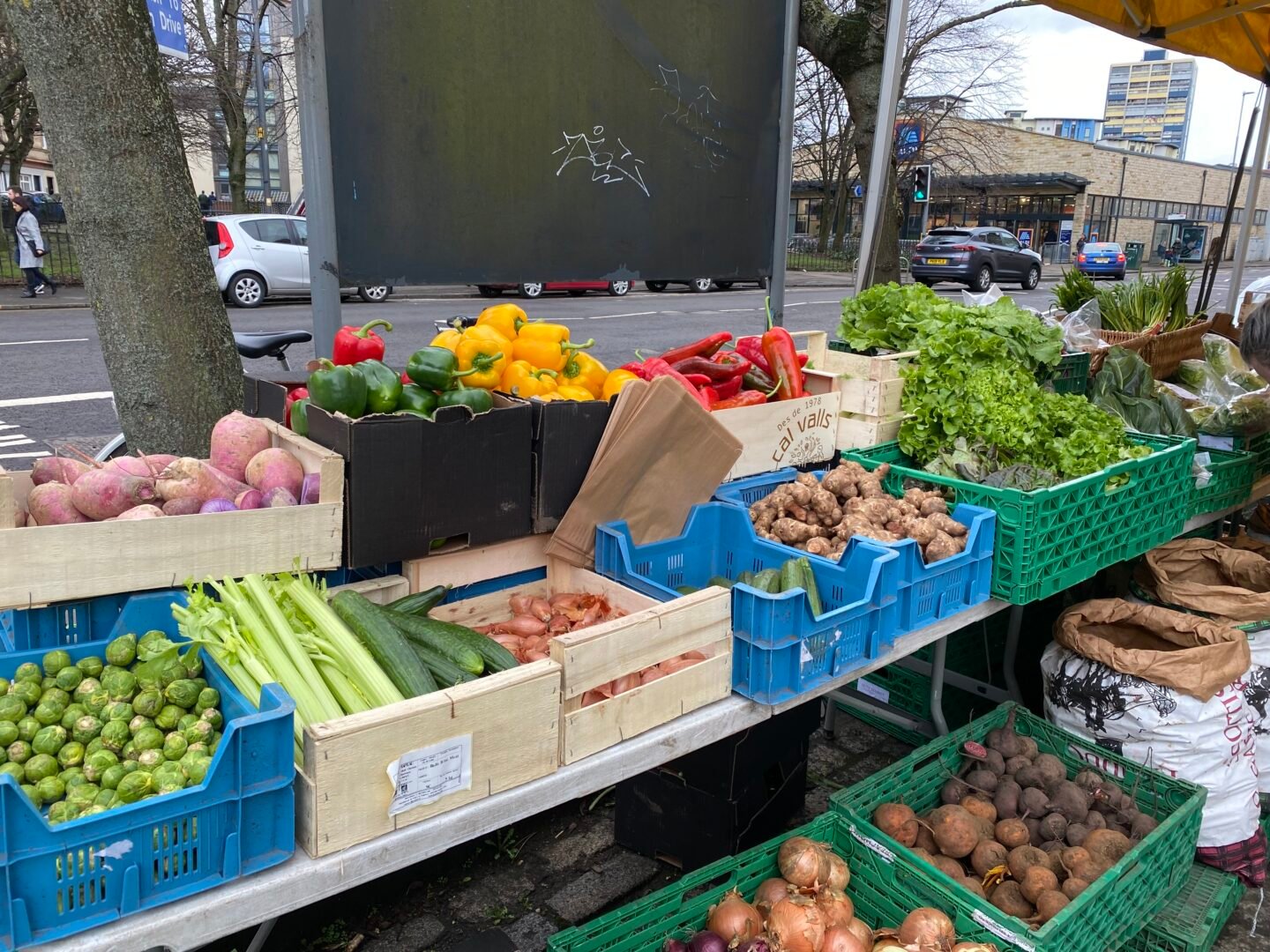 Stall leaden with baskets of fresh vegetables.