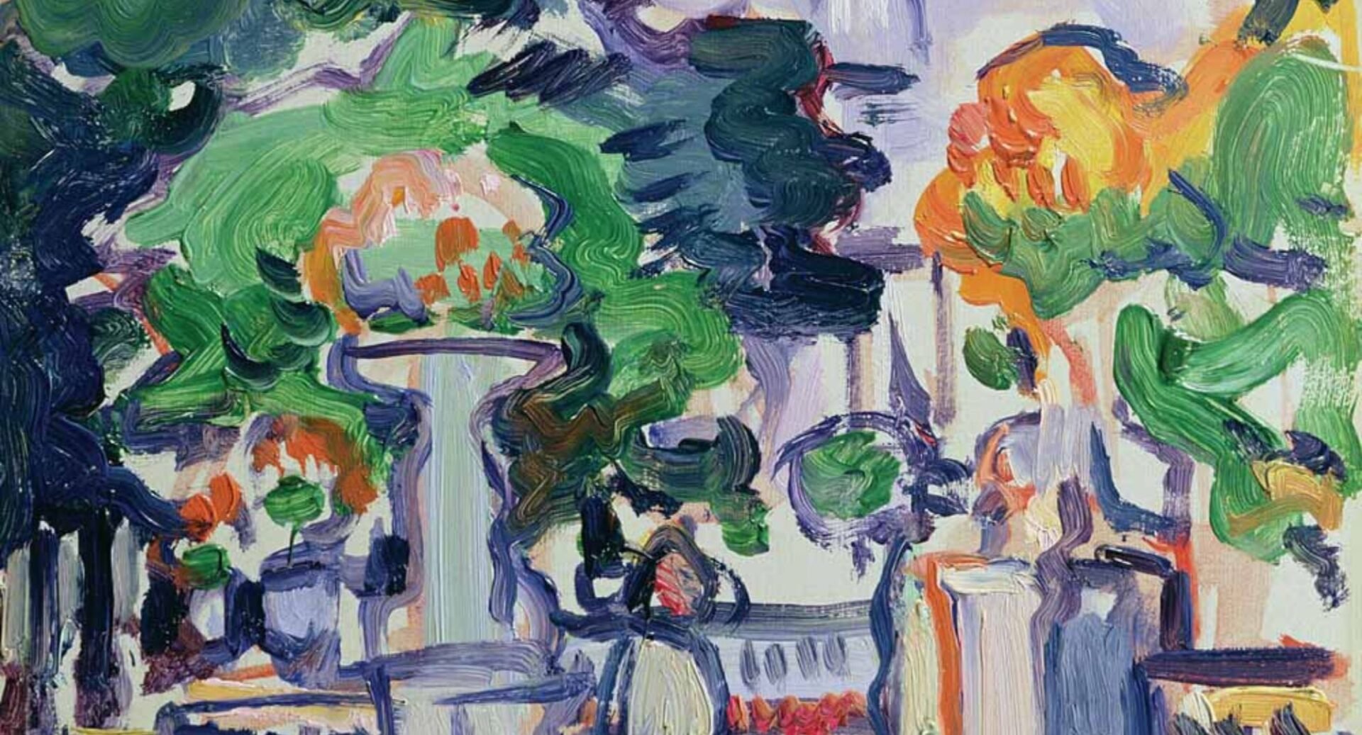 Painting of orange flowers and green foliage in blue and white vases.