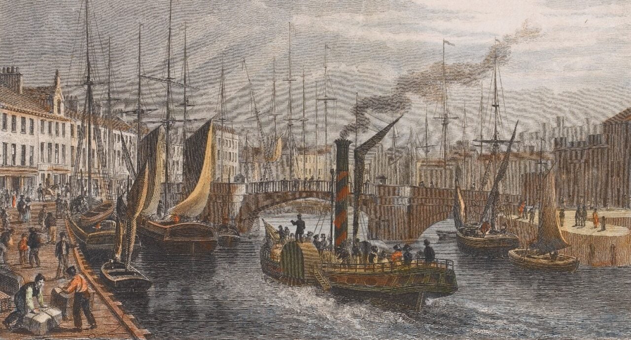 Leith Harbour from the pier, 1829 by Thomas Hosmer Shepherd, The painting shows the harbour full of steamboats, sailing boats, and people on the harbour