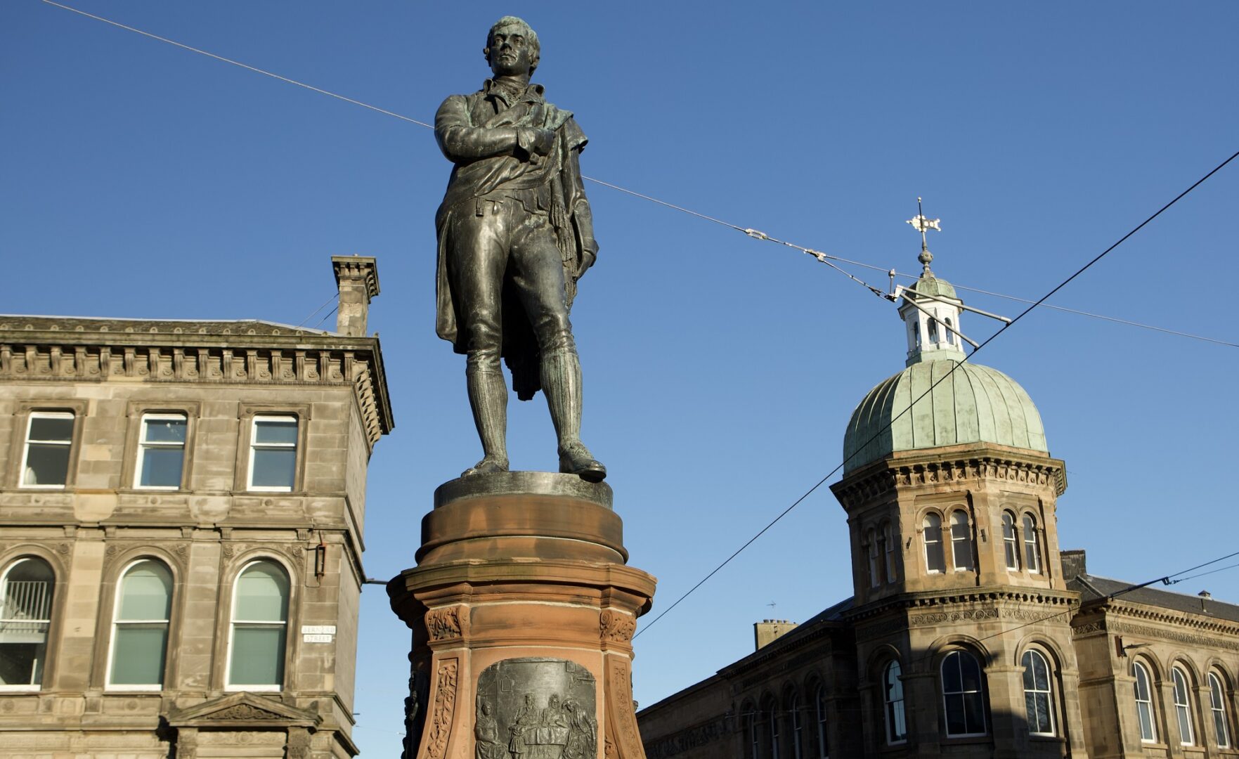 Burns Statue in Leith with blue sky