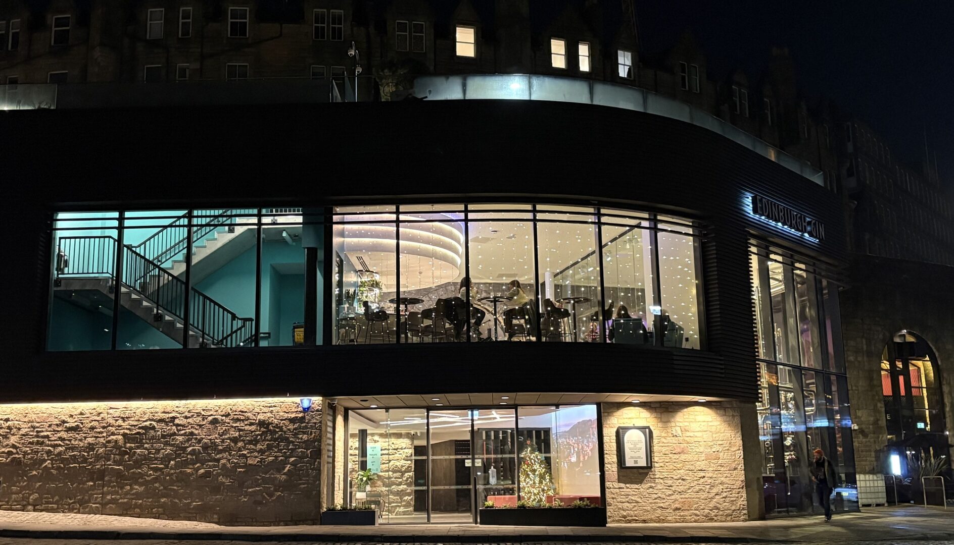 Edinburgh Gin Exterior at night with festive lights