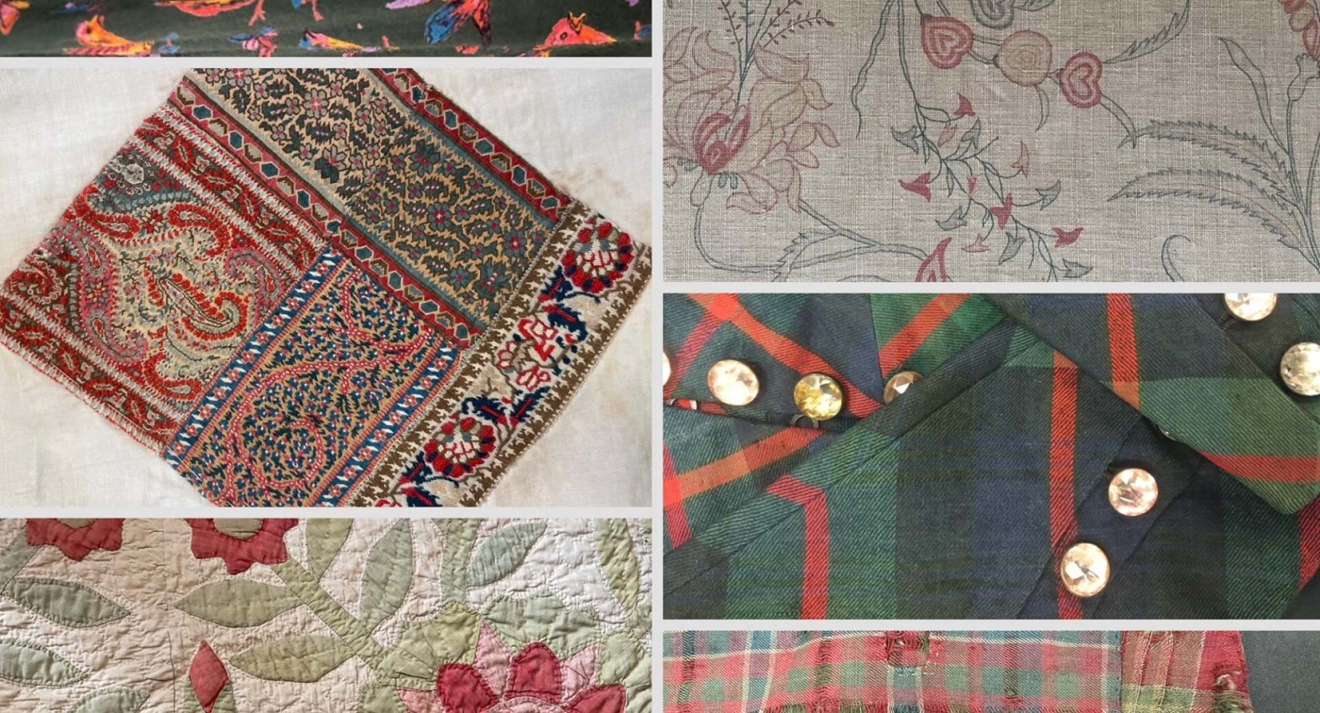 A collage of swatches of fabric, tapestry, tartan, floral etc