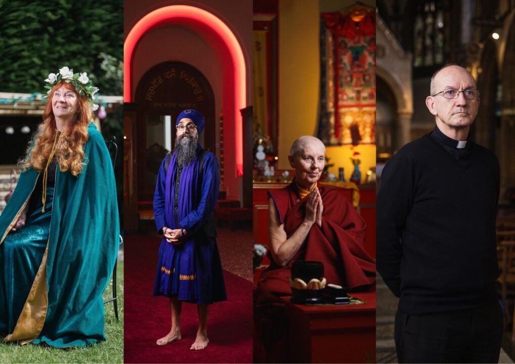 A montage of people wearing clothing denoting various different religions, including Christianity and Buddhism.