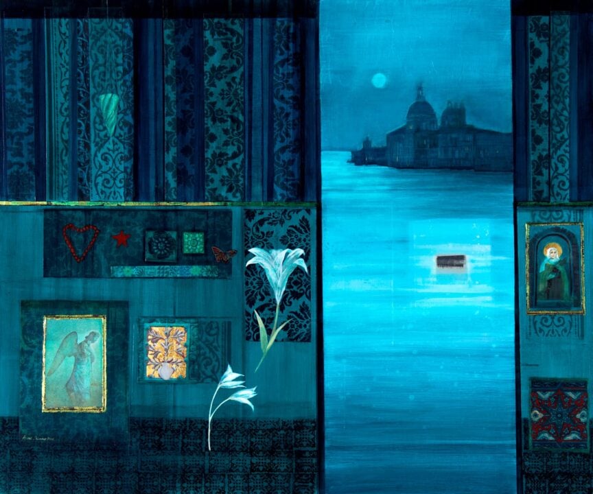 Painting, in shades of blue, of a building on the waters edge, silhouetted against a moonlit sky. In the foreground are embroidered panels.