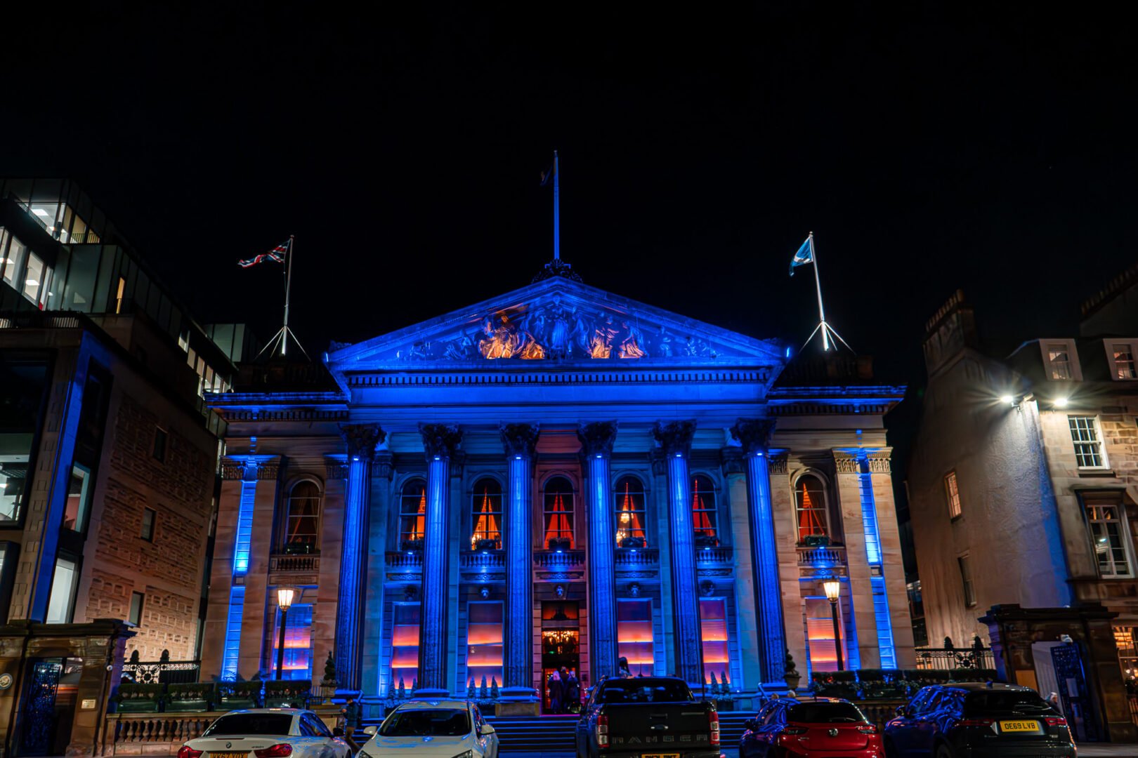 Exterior of the Dome lit up in blue for Burns Supper