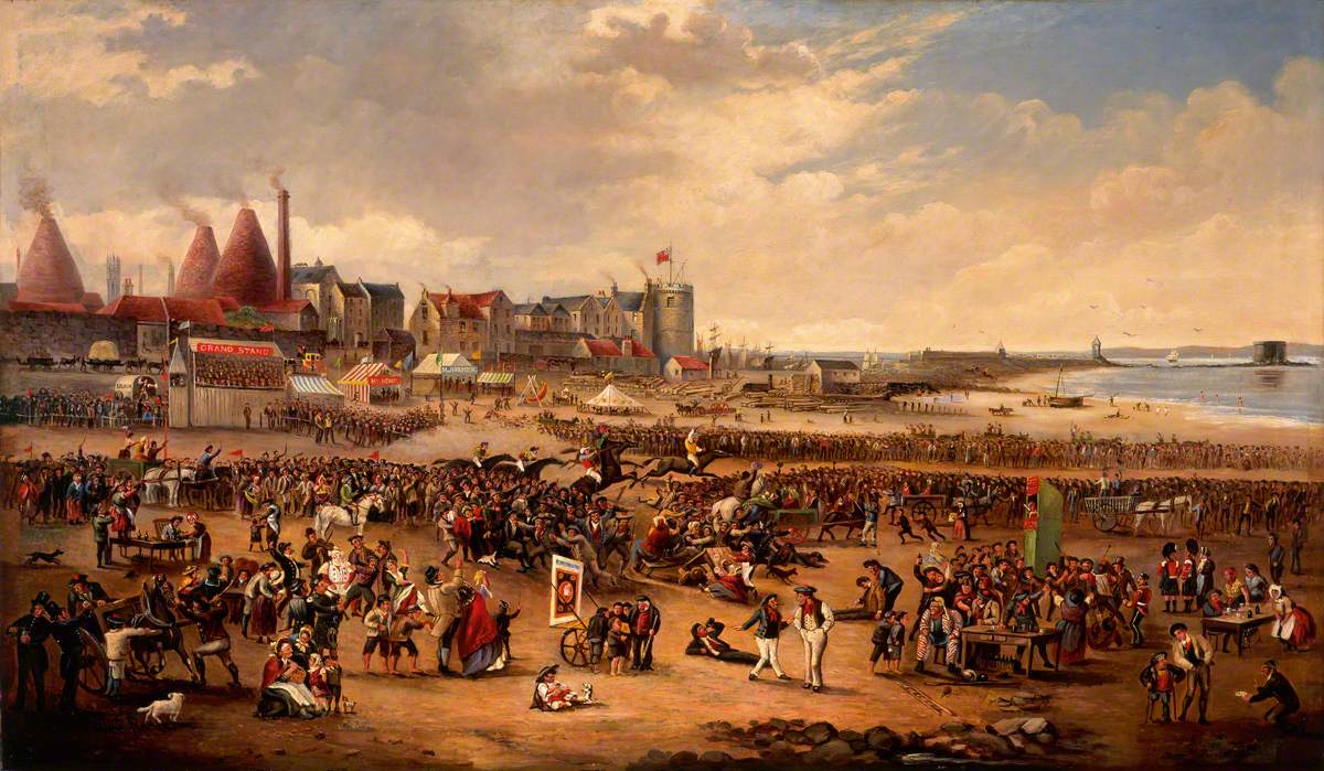 A painting of Leith races, with crowds on the beach and the glass cones in the background