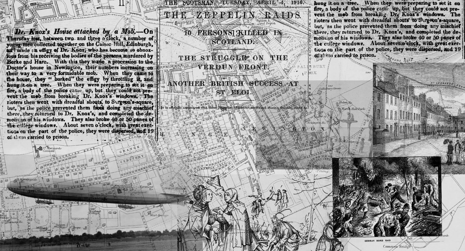 A black and white collage of maps, sketches and newspaper articles