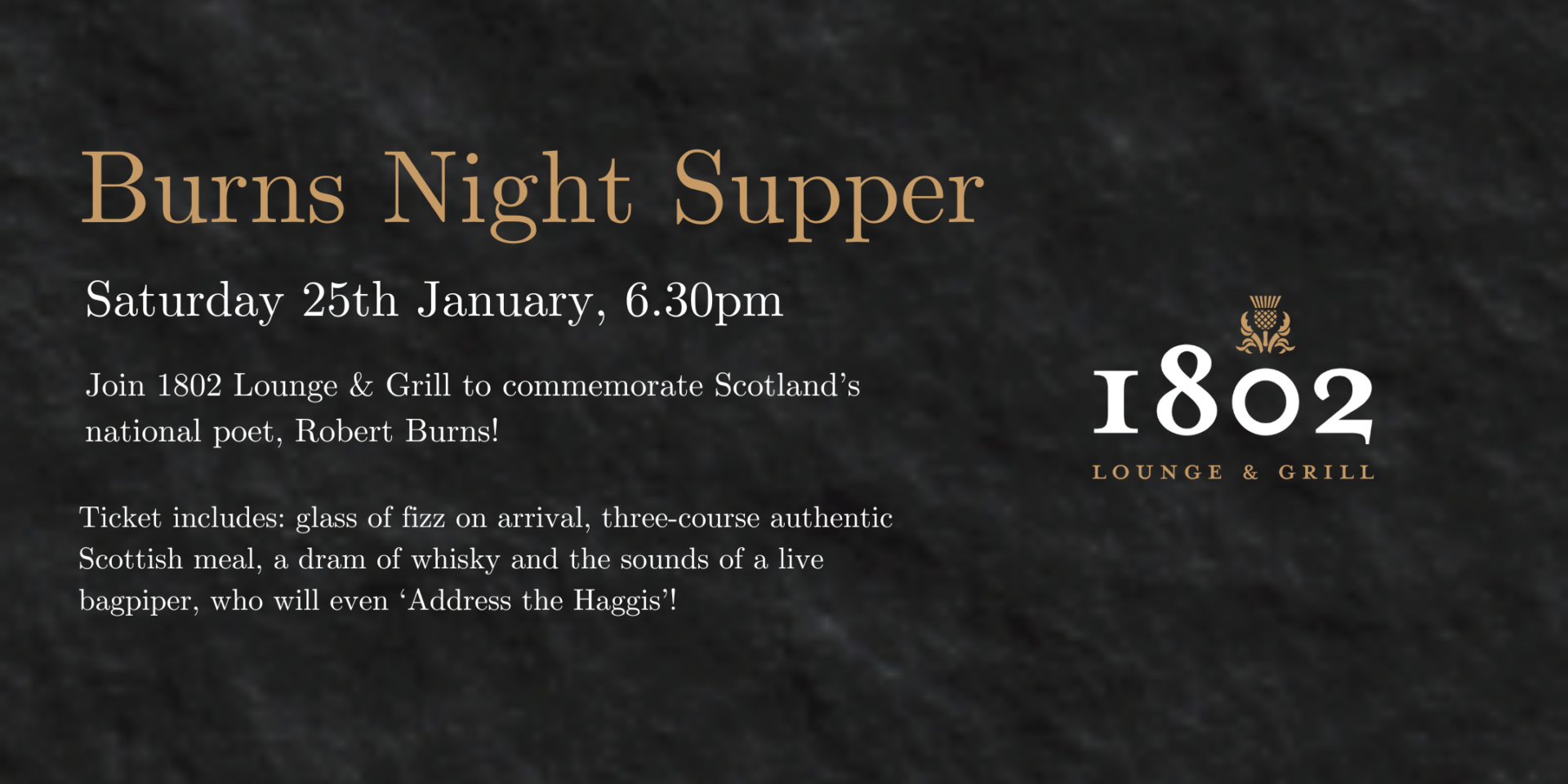 Black, white and gold poster image with description of Burns Night Supper.