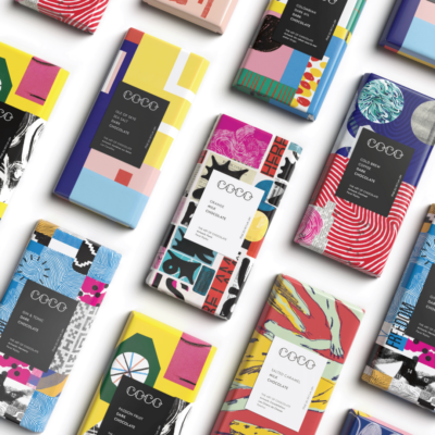 Coco chocolate bars with stylish packaging designed by contemporary artists.