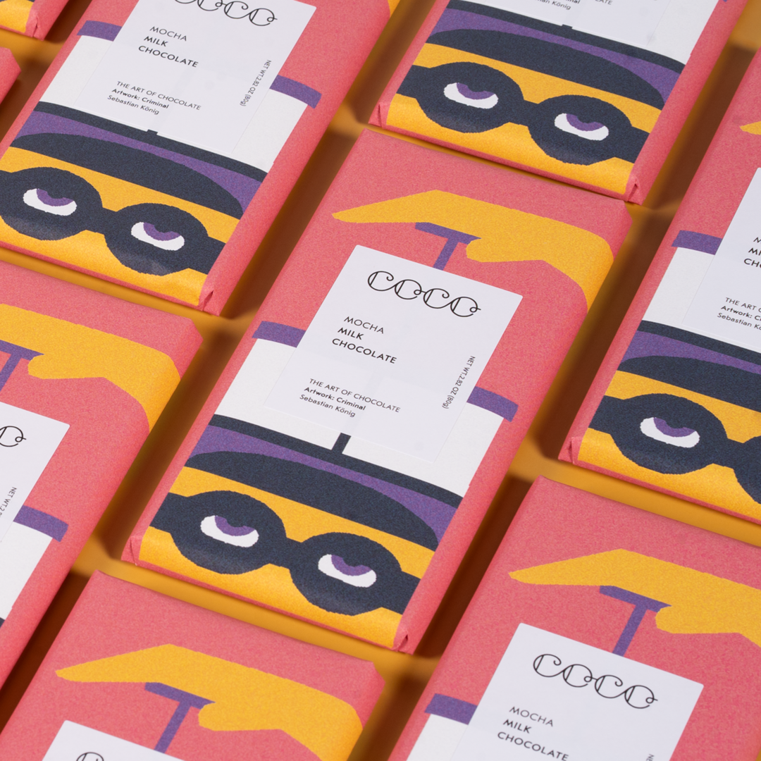 Coco chocolate bars with stylish packaging designed by contemporary artists.