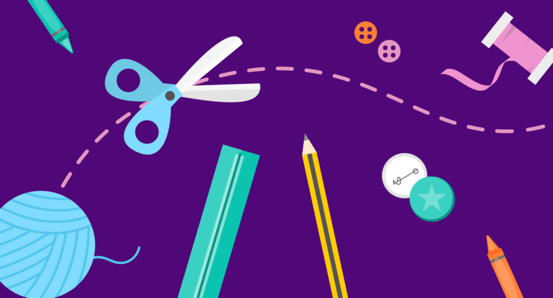 Poster image of scissors, pencils, buttons and thread on a purple background.