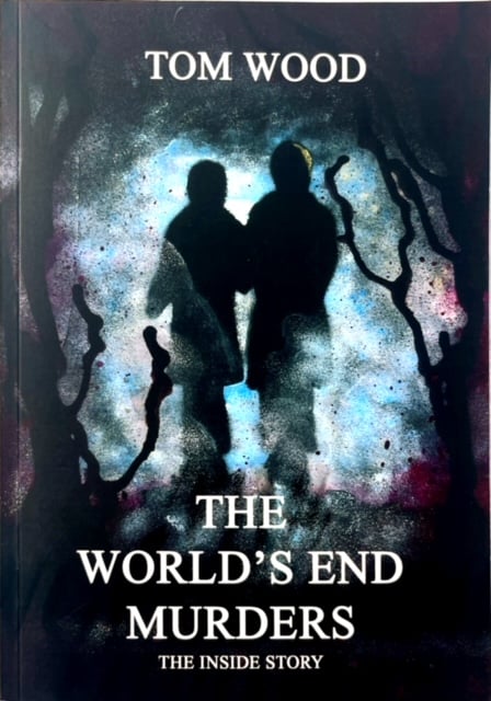 Cover of The Worlds End Murders books, depicting two figures in silhouette in a misty wood